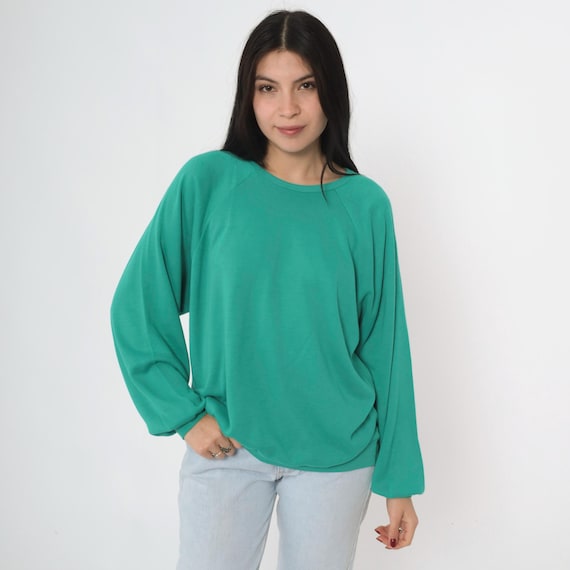 80s Sweatshirt Green Crewneck Sweatshirt Raglan Sleeve Plain Long Sleeve Shirt Slouchy 1980s Vintage Sweat Shirt Normcore Medium Large