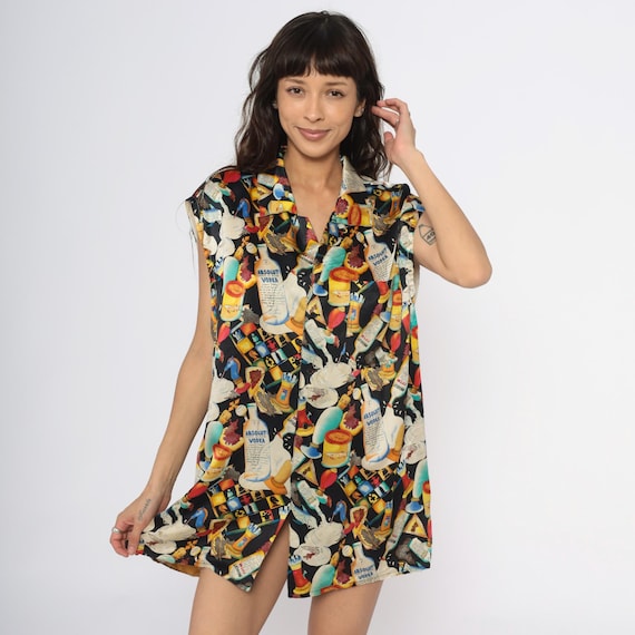 Liquor Print Shirt 90s Nicole Miller Silk Novelty Top Vodka Black Sleeveless Collar Multicolor Food Drink Tunic Statement Designer Large L