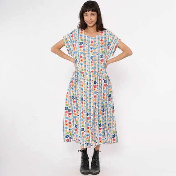 80s Floral Garden Dress Cotton Button Front Short Sleeve Gathered Waist Cottagecore Prairie Summer Colorful Fairycore Lounge Vintage Large L