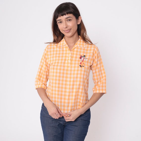 Orange Gingham Shirt 70s Vagabond Clown Embroidered 3/4 Sleeve Button Up Blouse Checkered Top White 1970s Vintage Boho Extra Small XS