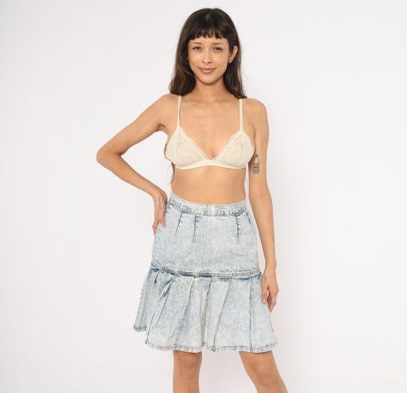 Acid Wash Denim Skirt 90s Drop Waist Pleated Hem Jean Mini Cotton Bleached Blue Flared Panel Stitch Detail Vintage Summer Spring Small S