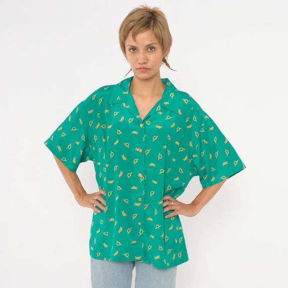 90s Nautical Knot Print Blouse Teal Green Yellow Rope Camp Collar Short Sleeve Boxy Shirt Leslie Fay Print Sailor Preppy Top Vintage Large L