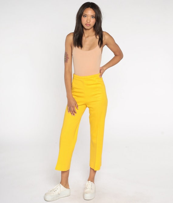 70s Straight Leg Pants 1970s Bright Yellow Ankle Length Trousers Boho Hippie High Rise Elastic Waist Vintage Seventies Creased Small S
