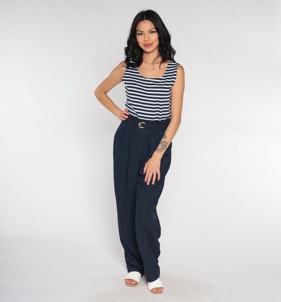 90s Jumpsuit Navy Blue Striped Sailor Playsuit Tapered Pant Sleeveless Jumpsuit 1990s Vintage Pantsuit Plain Basic Belted High Waist Medium