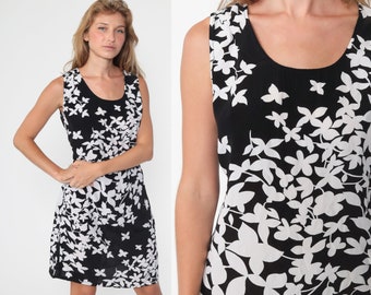 Floral GRUNGE Kleid 90er Jahre Schwarz Weiß Viskose Mini Kleid Etuikleid 1990er Jahre Vintage Blumen Print Shift Ärmellos Festival Sommer Medium Large