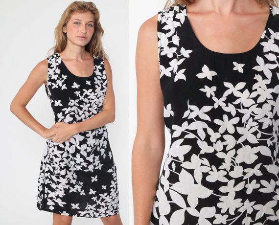 Floral GRUNGE Dress 90s Black White Rayon Mini Dress Sheath 1990s Vintage Flower Print Shift Sleeveless Festival Summer Medium Large
