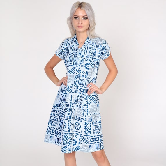 Hawaiian Mini Dress 70s Waikiki Hotel Resort Dress Tulip Puff Sleeve Shift Minidress Tropical Vacation Summer Boho Blue Vintage 1970s Small
