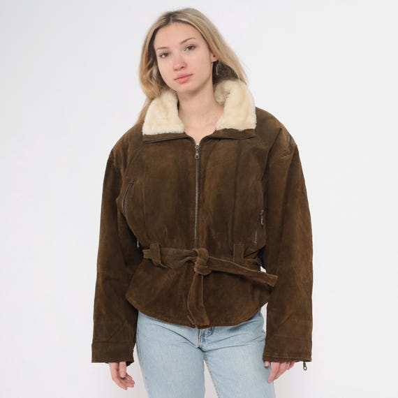 90s Brown Leather Aviator Jacket Shearling Collar Bomber Cropped Belted Zip Front Moto Biker Vintage Flight Coat Grunge Large L