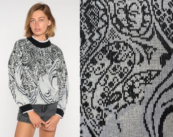 Paisley Sweater 80s 90s Grey Knit Sweater Abstract Print Mock Neck Pullover Jumper Retro Bohemian Knitwear Acrylic Blend Vintage Medium M