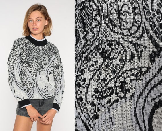 Paisley Sweater 80s 90s Grey Knit Sweater Abstract Print Mock Neck Pullover Jumper Retro Bohemian Knitwear Acrylic Blend Vintage Medium M