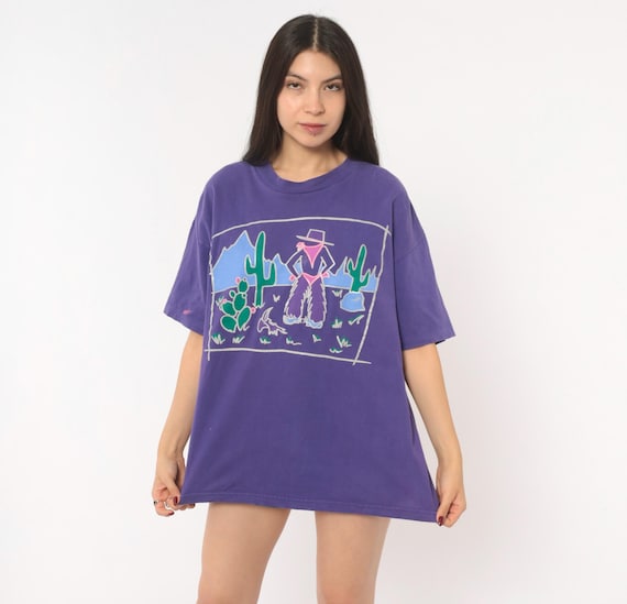 90s Southwestern Tee Purple Cotton Cowgirl Desert Cactus Boxy Fit Violet Plum Western Scene Art Short Sleeve Murina Vintage Shirt Large L