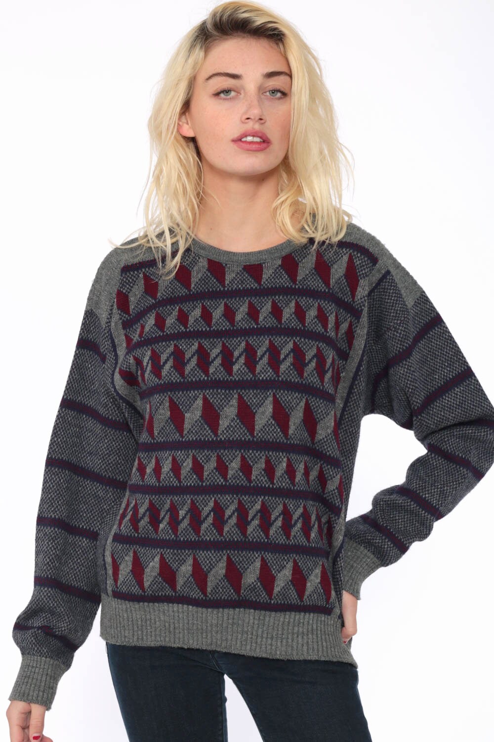 Grey Geometric Sweater 80s Zig Zag Striped Sweater Wool Blend Knit