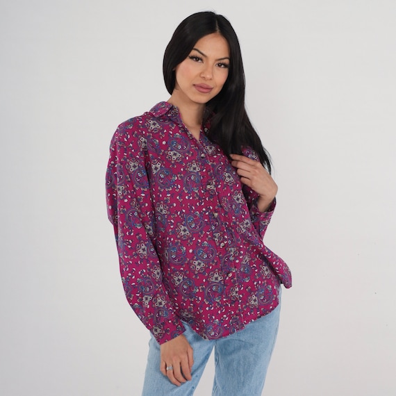Paisley Blouse 90s Button Up Shirt Long Sleeve Top Collared Retro Boho Hippie Groovy Print Festival Magenta Cotton Vintage 1990s Medium M