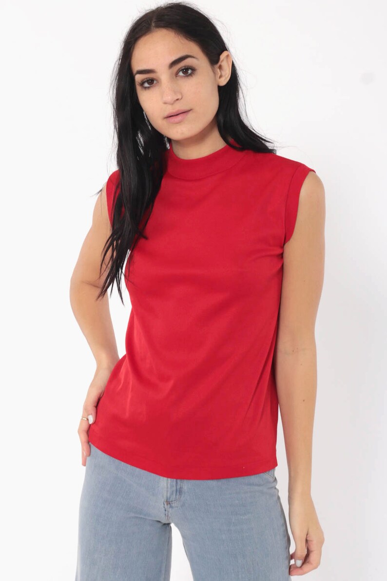 Red Tank Top 70s Sleeveless Shirt Retro High Neck Tank Top Mod Boho Blouse Vintage Plain Simple Polyester 1970s Small