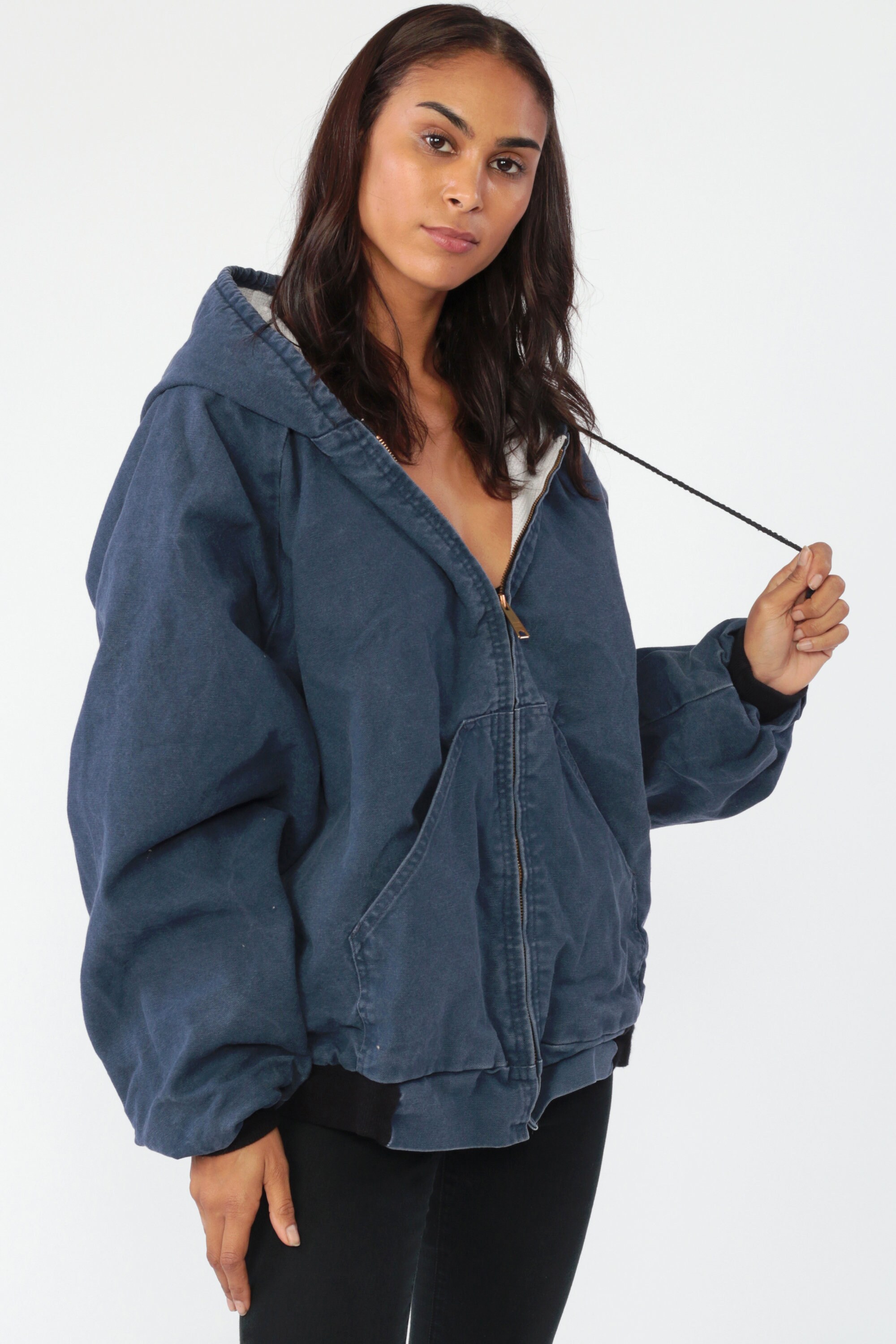 Hoodie Jacket Workwear Jacket Cotton HOODED 90s Utility Dark Blue Hood ...