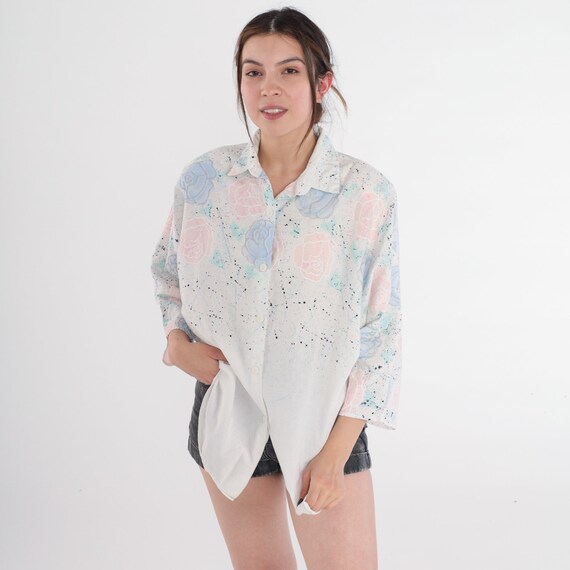 Glitter Floral Blouse 80s 90s White Button Up Shirt Paint Splatter Sparkly Pastel Rose Print Top Retro 3/4 Sleeve Cotton Vintage 1990s Large