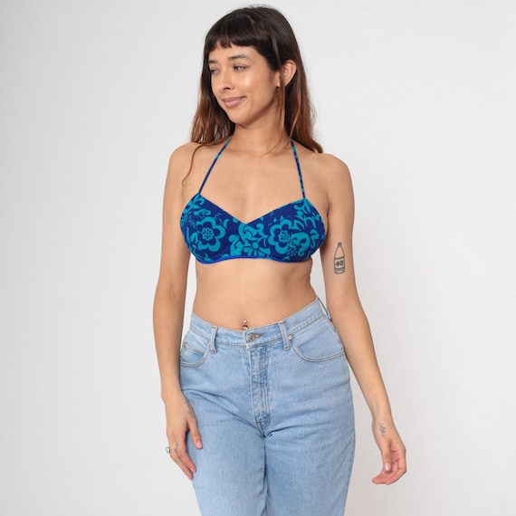70s Hawaiian Bikini Top Vintage Blue Tropical Floral Swimsuit Hippie Halter Neck Bathing Suit Retro Hippie Swim Top 1970s Extra Small xs