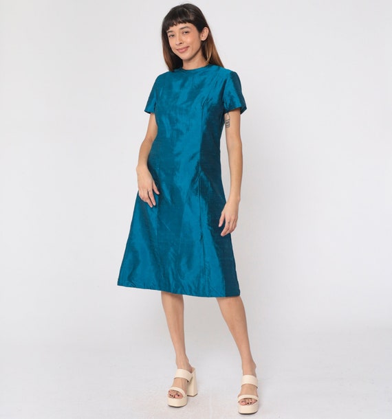 Blue Silk Dress 60s Party Dress Iridescent Midi Dress A Line Short Sleeve A-line Formal Evening Cocktail Aline Vintage 1960s Extra Small xs