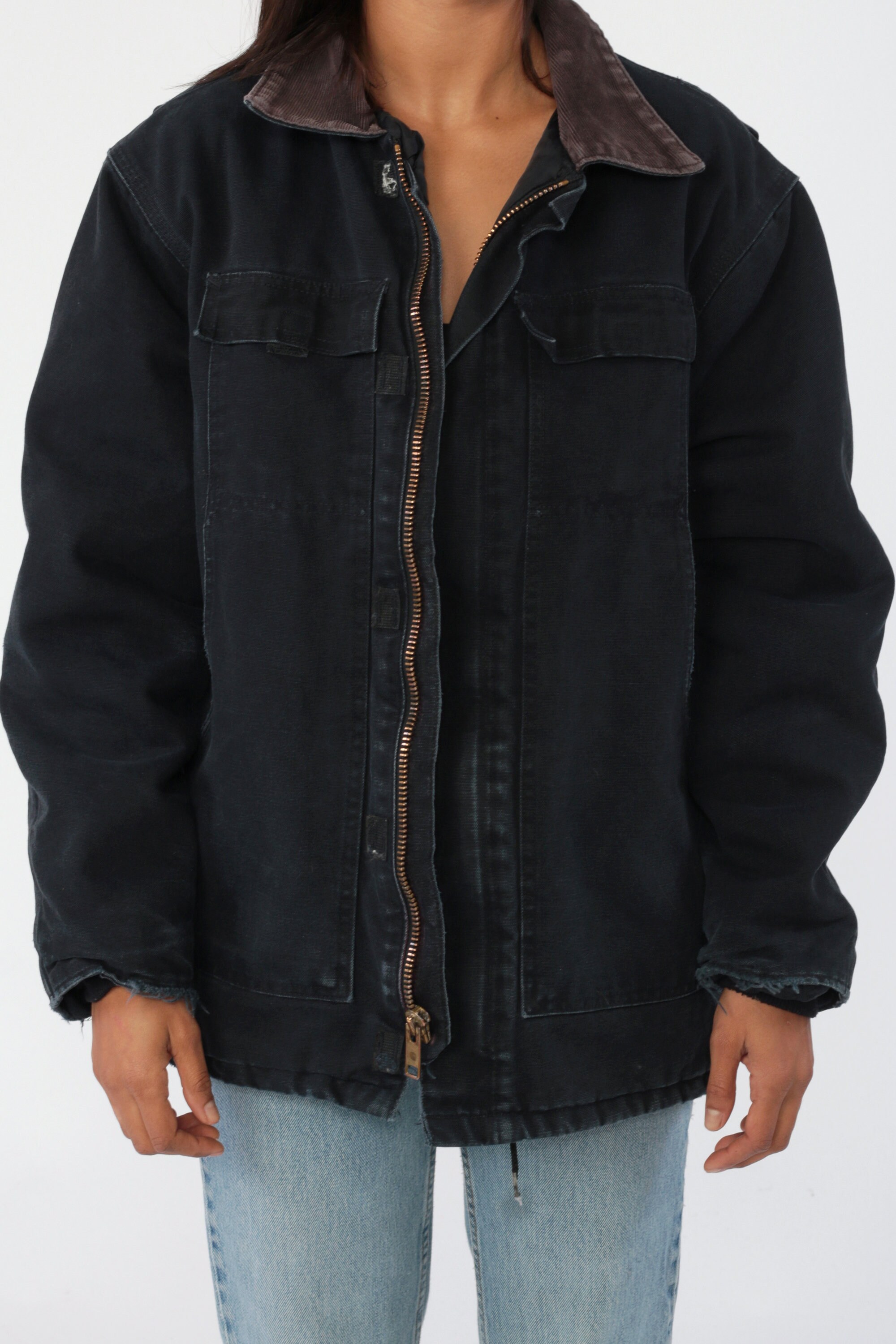 Black Carhartt Jacket 90s CORDUROY COLLAR Grunge Quilted Vintage Zip Up