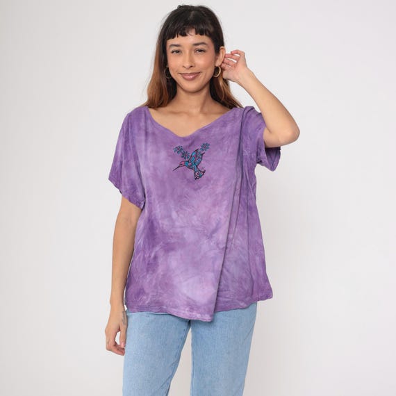 Vintage Purple Tie Dye Blouse Y2K Hummingbird Top Short Sleeve Garden Bird Deer Lizard Shirt Boho Hippie Summer Bohemian 00s Rayon Large