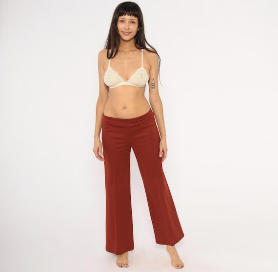 70s Rust Wide Leg Pants Elastic Waist Brick Red Trousers Flare Bottom Pull On Slacks Terracotta Brown  Straight Fit Vintage Womens Large L