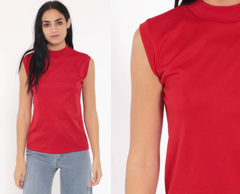 Red Tank Top 70s Sleeveless Shirt Retro High Neck Tank Top Mod Boho Blouse Vintage Plain Simple Polyester 1970s Small