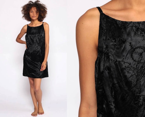 Black Satin Dress Mini Dress 90s Party Dress Shift Sleeveless Paisley Dress Y2K Vintage 1990s LBD Retro Boho Cocktail Dress Minidress Small