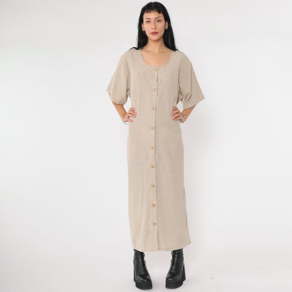 Vintage Tan Checkered Dress 90s Button up Shirtdress Scoop Neck Ankle Length Maxi Retro Short Sleeve Casual Day 1990s Extra Large xl 20/40