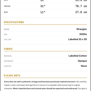 May include: Vintage Wrangler jeans with a distressed look, featuring a 17-inch waist, 22-inch hips, 31-inch inseam, and 11-inch rise. Made of labeled cotton, these jeans from the 2000s have a size tag of 33 x 30.