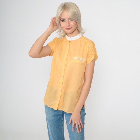 Vintage 80s Light Orange Blouse Mandarin Collar Semi-Sheer Plain Top Button Up Shirt Boho Hippie Top 1980s Short Sleeve Small S