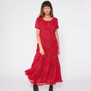 Red Paisley Dress 90s Maxi Dress Asymmetrical Drop Waist Diagonal Low Waist Pleated Boho Flowy Party Short Sleeve Vintage 1990s Medium M