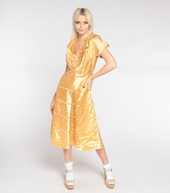 40s Dress Gold Silk Satin Midi Dress Collared Retro Party Formal Cocktail Dress Tea Length Glam Short Sleeve V Neck Vintage 1940s Small S