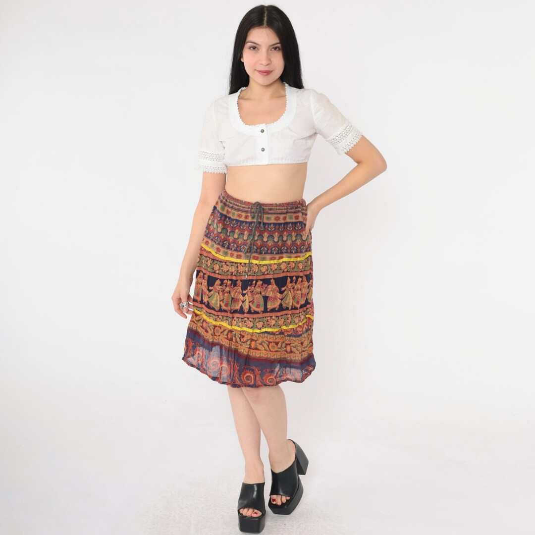 Vintage Floral Broomstick Skirt 90s Indian Dancer Print Midi Skirt