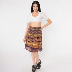 Vintage Floral Broomstick Skirt 90s Indian Dancer Print Midi Skirt Retro Drawstring Waist Bohemian Red Blue 1990s Small Medium