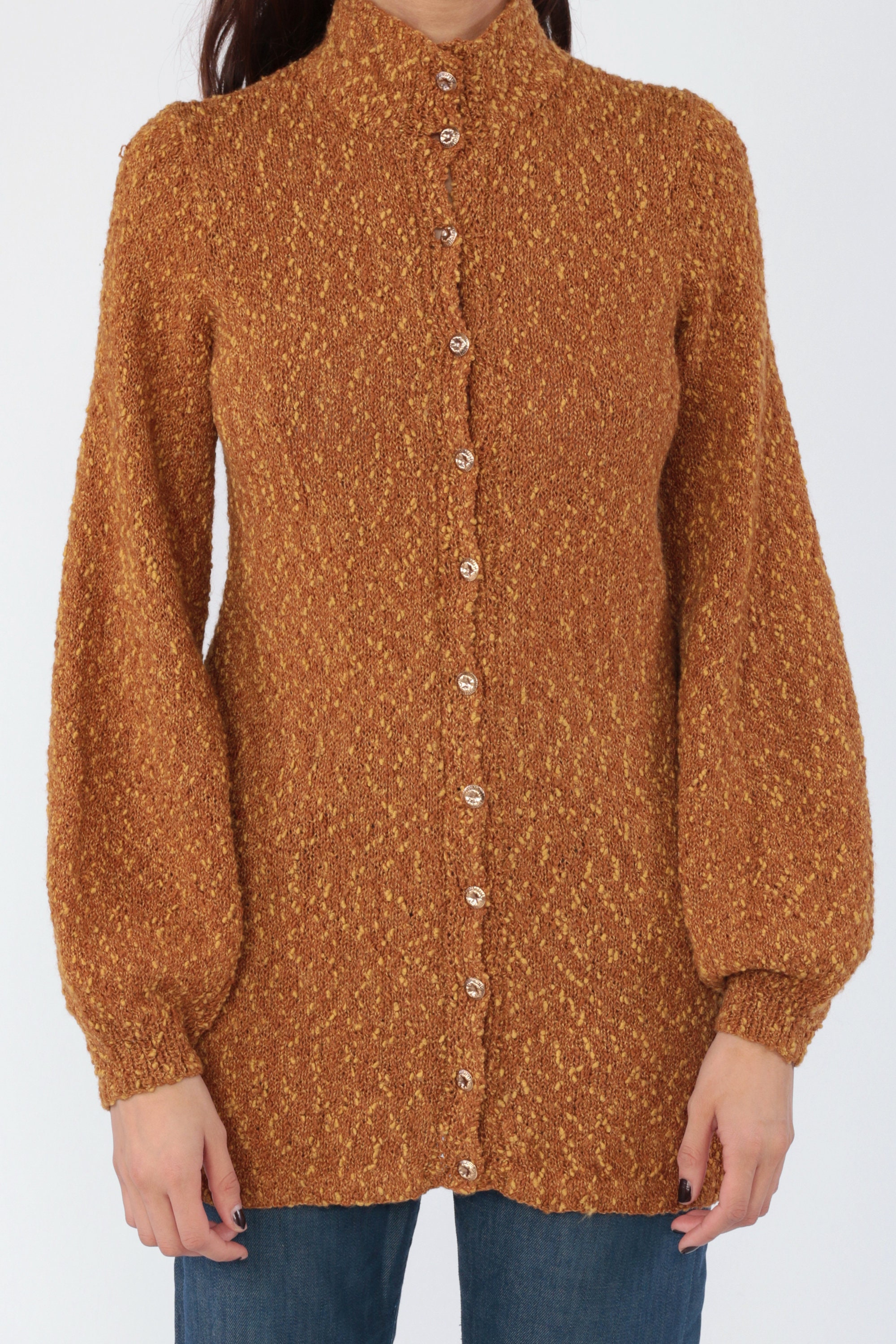 Bohemian Cardigan Sweater 70s BALLOON SLEEVE Sweater Brown 80s Vintage