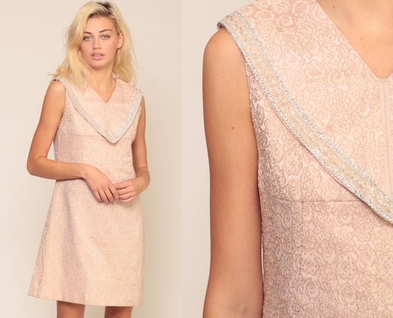Brocade Dress 1960s Party Metallic Mod Mini Floral Dress 60s Dress Sleeveless Shift Cocktail A Line Vintage Formal Prom Small Medium