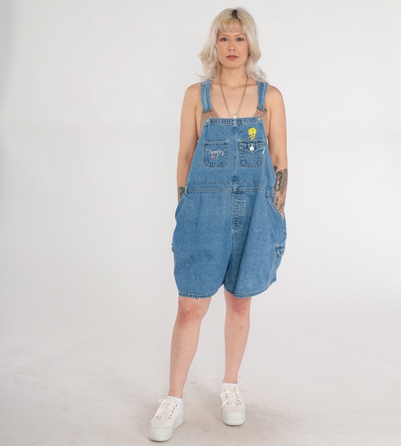 Tweety Bird Overall Shorts 90s Blue Jean Shortalls Looney Tunes Short Overalls Warner Bros Cartoon Embroidered 1990s Vintage 3xl xxxl 26W image 2