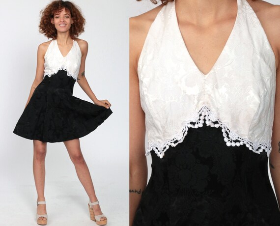 Black White Dress 80s Party Dress Crochet Trim Brocade Dress 90s Grunge Gothic Halter Neck 1980s Vintage Bohemian Extra Small xs
