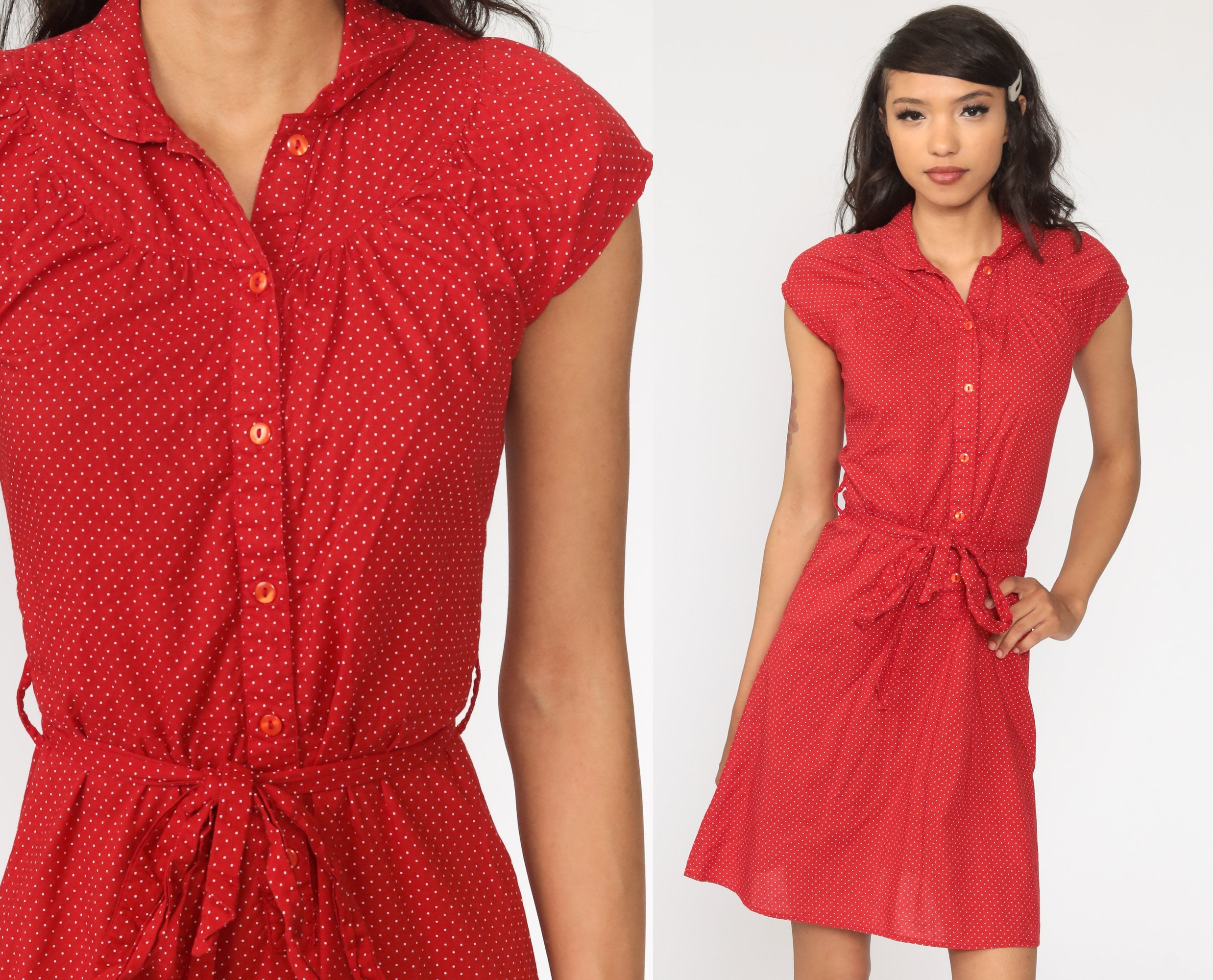 Polka DOT Dress Red Dress Button up High Waisted -