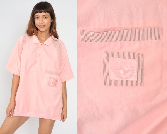 Pink Polo Shirt 80s Striped Shirt Baby Pink Retro Quarter Button Up Raglan Sleeve Collared Shirt 1980s Vintage Men's Extra Large xl Tall