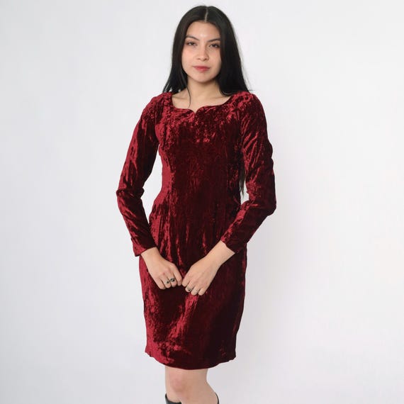 Vintage Velvet Party Dress 80s Burgundy Red Puff Sleeve Sheath Dress Gothic Sweetheart Neckline 1980s Cocktail Evening Extra Small xs
