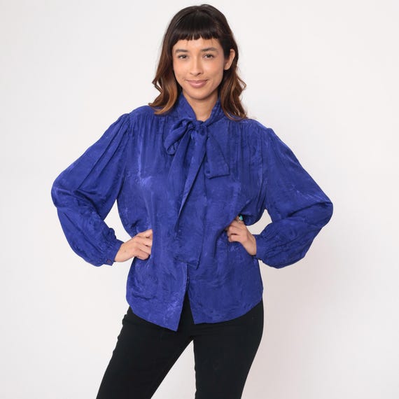 Royal Blue Silk Blouse 90s Pussy Bow Tie Neck Gathered Ruched Vintage Secretary Top Cobalt Electric Bright Dressy Work Office Career Large L