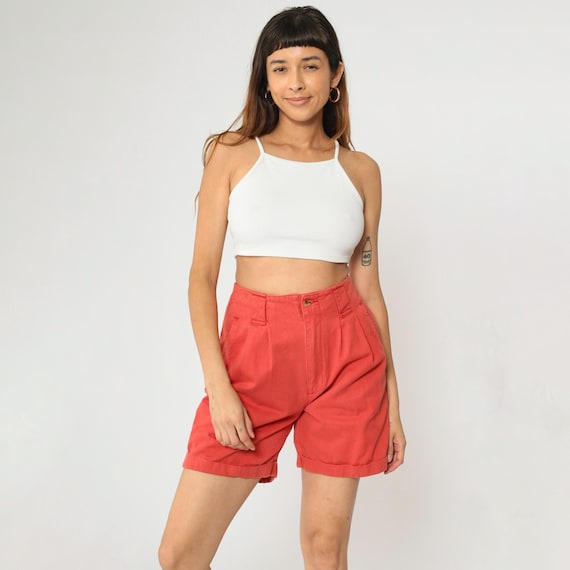 Vintage Red Pleated Shorts 80s High Waisted Mom Shorts Pleated Cotton Short Shorts Retro Basic Cuffed Summer Plain 1980s Small S