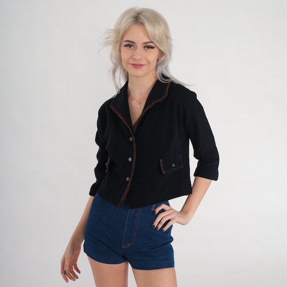 Black Blazer Jacket 60s Wool Blend Button up Jacket Mod Jackie O Preppy 3/4 Sleeve Cropped Blazer Mad Men Suit Jacket Brown Vintage 1960s XS
