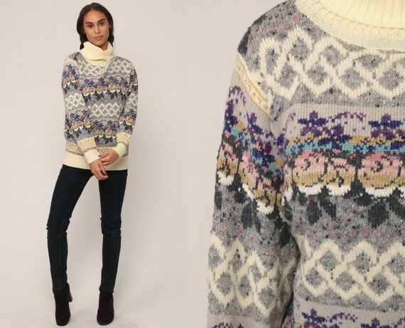 Turtleneck Sweater 80s Sweater Funnel Neck Knit Grey Floral Sweater Jumper WOOL BLEND Pullover Turtle Neck Vintage Retro Small Medium