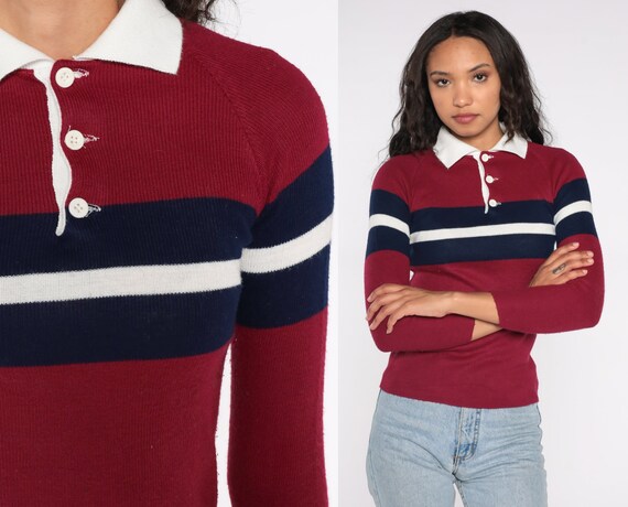 Striped Polo Sweater Burgundy Striped 