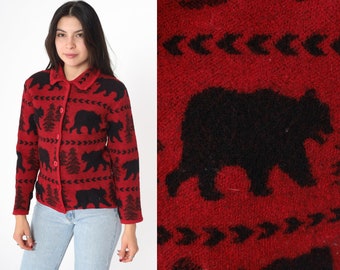 Oso Cardigan Chaqueta 90s Rojo Hervido Lana Suéter Vida Silvestre Nórdico Árbol Impresión Botón Hasta Cuello Animal Suéter 1990s Vintage Negro Pequeño