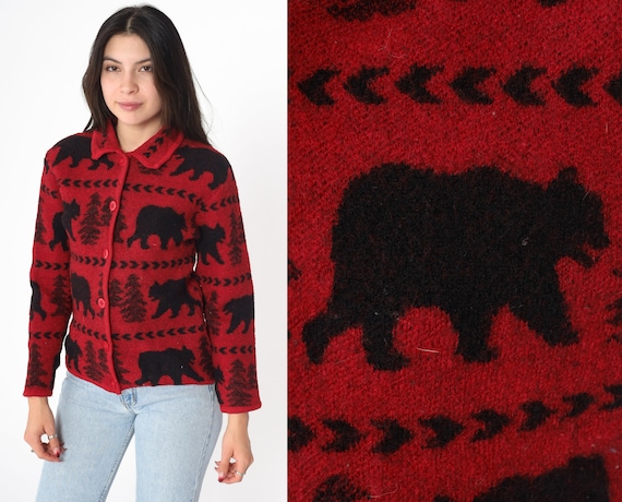 Bear Cardigan Jacket 90s Red Boiled Wool Sweater Wildlife Nordic Tree Print Button Up Collared Animal Sweater 1990s Vintage Black Small