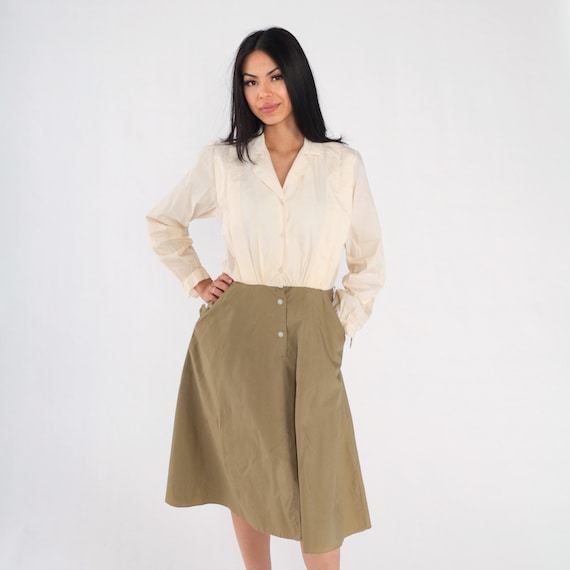 Shirtwaist Dress 80s Button Up Midi Dress Cream O… - image 3