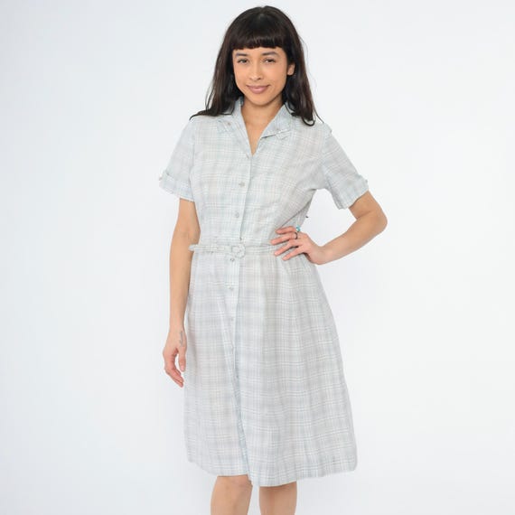 Vintage 60s Metallic Plaid Dress Grey Rhinestone Button Up Dress 1960s Checkered Shirtdress Midi Short Sleeve A-Line High Waist Small S